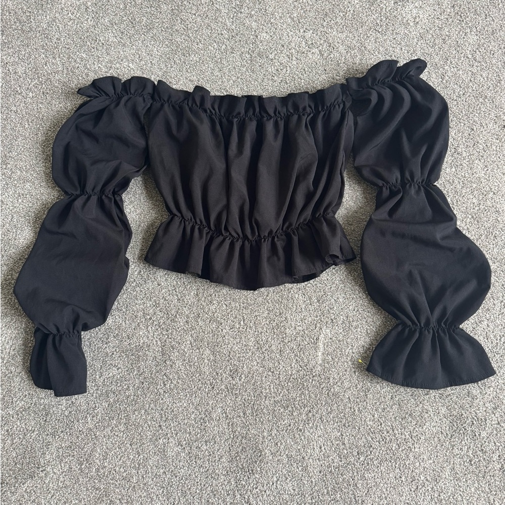 Black off Shoulder Crop Top with Puff Sleeves